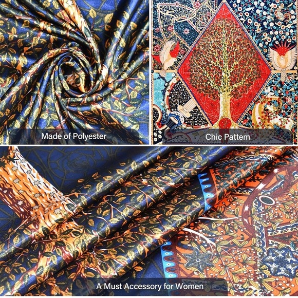 Boho Style Satin Square Scarf for Women - Elegant Chic Shawl with Tree of Life - Picture 9 of 10